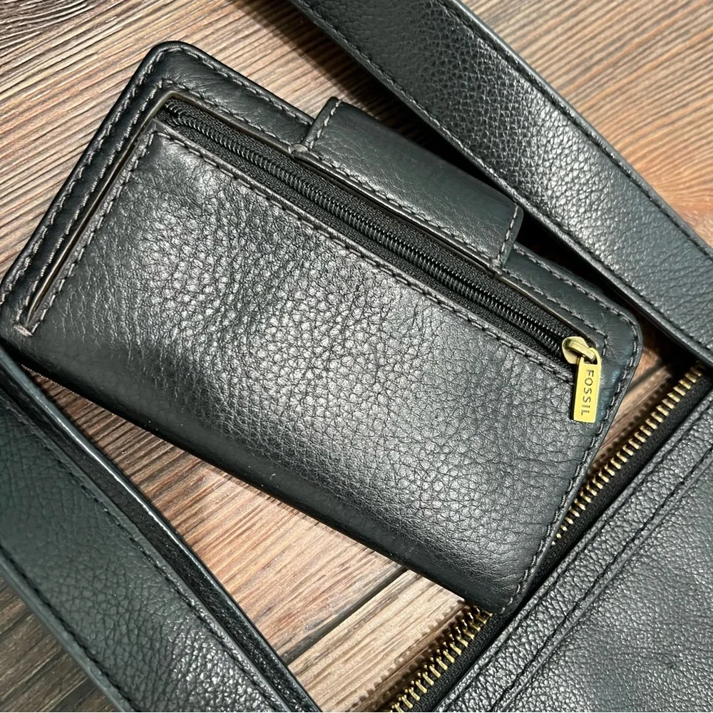 FOSSIL TOTE WALLET SET GENUINE LEATHER BLACK GOLD HARDWARE